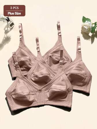 3pcs Solid Color Casual - Comfortable Minimalist Casual - Sports Casual Knit Fabric Bow Decor Plus Size Women Bras