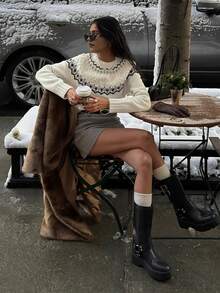 Women's Winter Fair Isle Sweater, Fashion Patterned Knit Fabric Ribbed Pullover, Suitable For Vacation, Holiday, And Everyday Wear, White - Beige - View 6