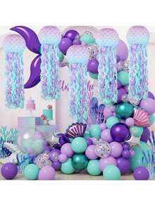 3PCS Mermaid Party Decorations Set: Hanging Jellyfish Paper Lanterns & Mermaid Scale Chandeliers For Underwater Ocean Theme Birthday, Baby Shower Ceiling Decor, Photo Backdrop & Dessert Table Displays - Multicolor - View 2
