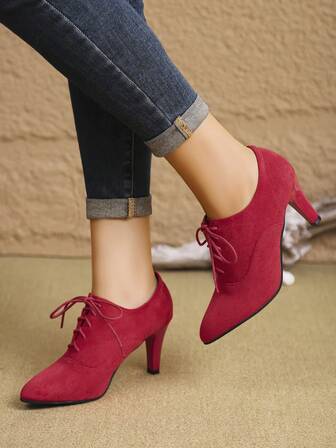 Fashionable High Heel Shoes With Lace-Up, Solid Color Stiletto Heel, Pointed Toe Women Pumps, Spring/Autumn