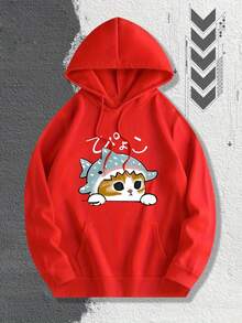 Women's Fashion Casual Sporty  Outdoor Hooded Sweatshirt, Comfortable  Print Sweatshirt, Couple Sweatshirt, Unisex Loose Fit - Red - View 7