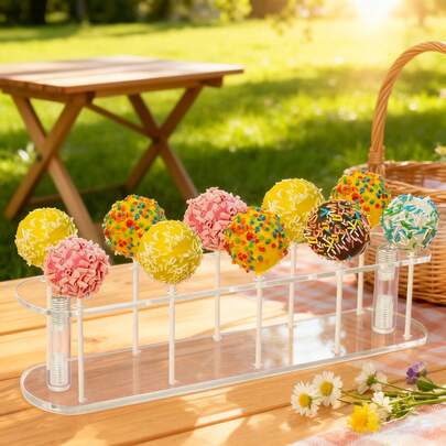 1个透明亚克力条形展示架，防倾倒设计，设有多个糖果和甜点存放槽。非常适合生日派对装饰和烘焙展示。