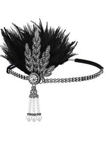 1件1920年代风格羽毛头饰，女士款，复古树叶图案拼接发箍，适合化装舞会、单人派对，优雅高端的万圣节服装配饰