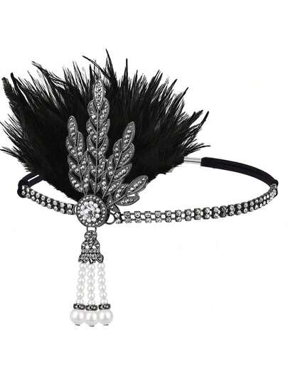 1 st 1920-tals fjäderhuvudbonad för kvinnor, vintage lövmönster lapptäckehuvudband för maskeradbal, enskild fest, elegant och exklusivt Halloween-kostymtillbehör