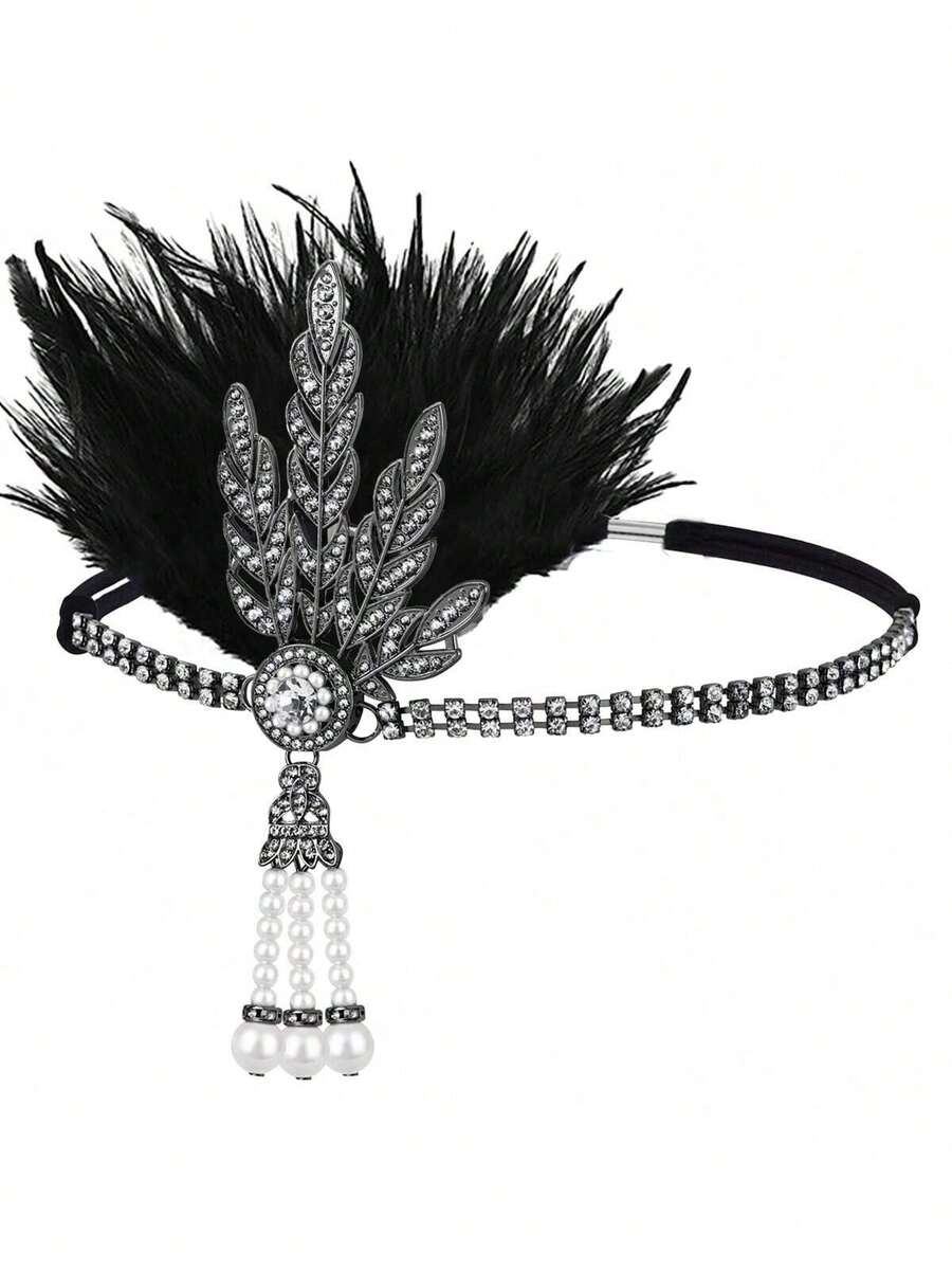 1件1920年代风格羽毛头饰，女士款，复古树叶图案拼接发箍，适合化装舞会、单人派对，优雅高端的万圣节服装配饰