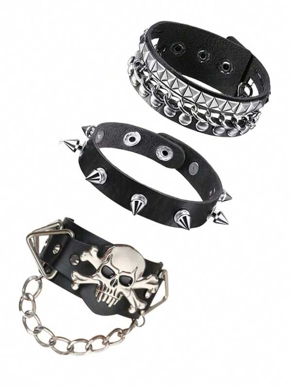 1 pièce de bracelet en cuir de crâne dominant de hip-hop, bracelet en cuir punk à rivets en forme de crâne pointu, bracelet en cuir punk à rivets, bracelet en cuir PU, bracelet noir pour le poignet, bracelet tressé multicouche, bracelet gothique en cuir PU rétro punk à rivets de crâne pour couple. Veuillez noter qu'il peut y avoir de légères différences de couleur, veuillez vous référer au produit réel.
