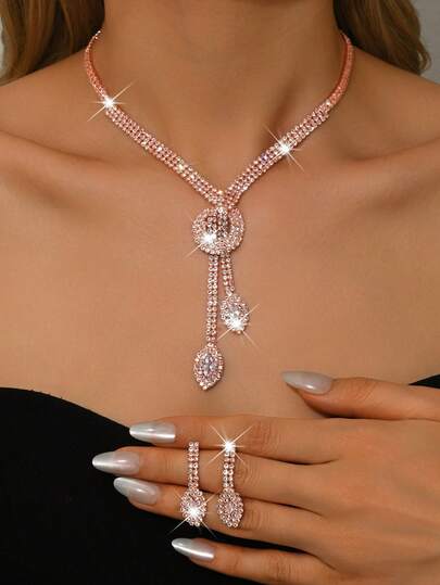 Set de bijuterii pentru femei cu 1 colier + 1 pereche de cercei, potrivit pentru purtare zilnică, întâlniri, petrecere cu model geometric, nuntă