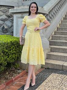 LESE MIDI PLAIN DRESS ELEGANT CASUAL FASHION WOMEN'S DRESS - Yellow - View 6