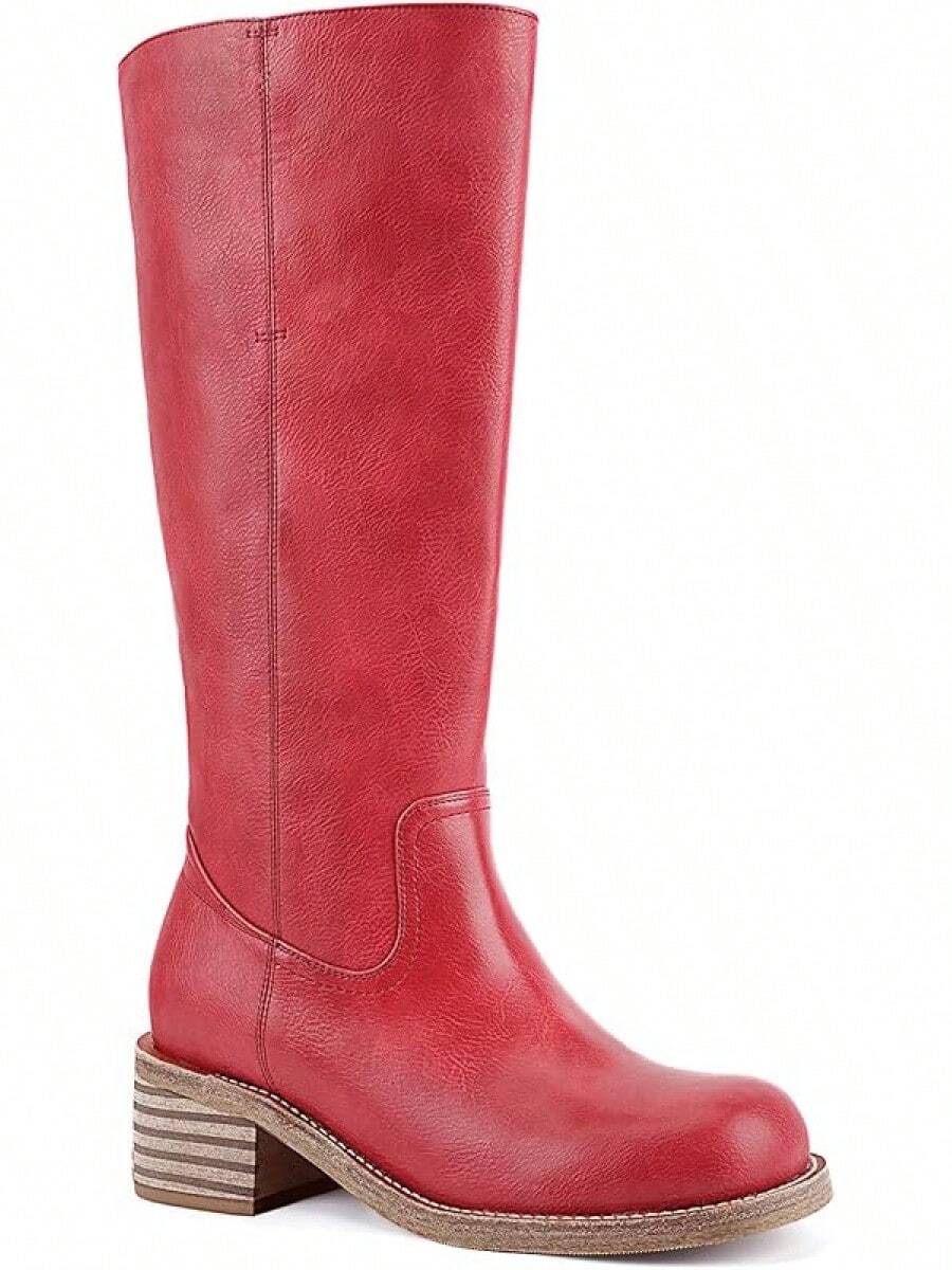 Women's Knee High Chunky Block Heel Square Toe Low Heel Boots, Style - Red - View 1