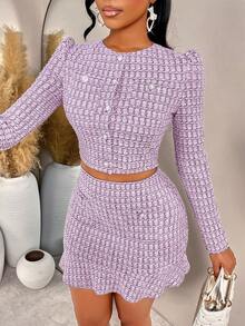 AIJ Amarilo 女士秋冬外出套装：圆领泡泡袖珍珠纽扣西装外套搭配束腰荷叶边铅笔裙时尚针织格子两件套 - 粉色 - 查看 5