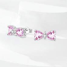1 Pair S925 Sterling Silver Elegant Luxury Pink Bow Moon Zirconia Ladies Earrings Fit Banquet Party Wedding Birthday Gifts Women's Jewelry Valentine's Day