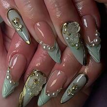 Light Luxury Style Wearable Nail Art Piece Finished Product Light Green Milky White Gradual Change Rose Three-Dimensional Flower Pearl Chain - 伊扎索-1186 - 查看 6
