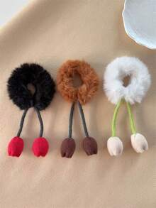 3pcs Autumn/Winter Women Cute Knitted Tassel Tulip Fuzzy Hair Scrunchies, Ponytail Holders, Suitable For Dresses, Vacation, Daily Outfits, Hair Accessories, Bohemian, Cute, Elegant ,Hair Ties