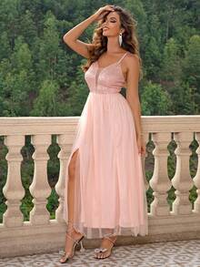 Joyfunear Sequin Panel High Slit Hem Mesh Strap Dress - Coral Pink - View 6