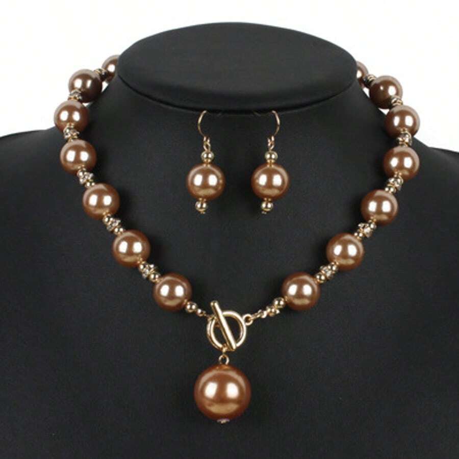European And American Simple And Fashionable Round Imitation Pearl Necklace Earring Set - 咖色 - 查看 1