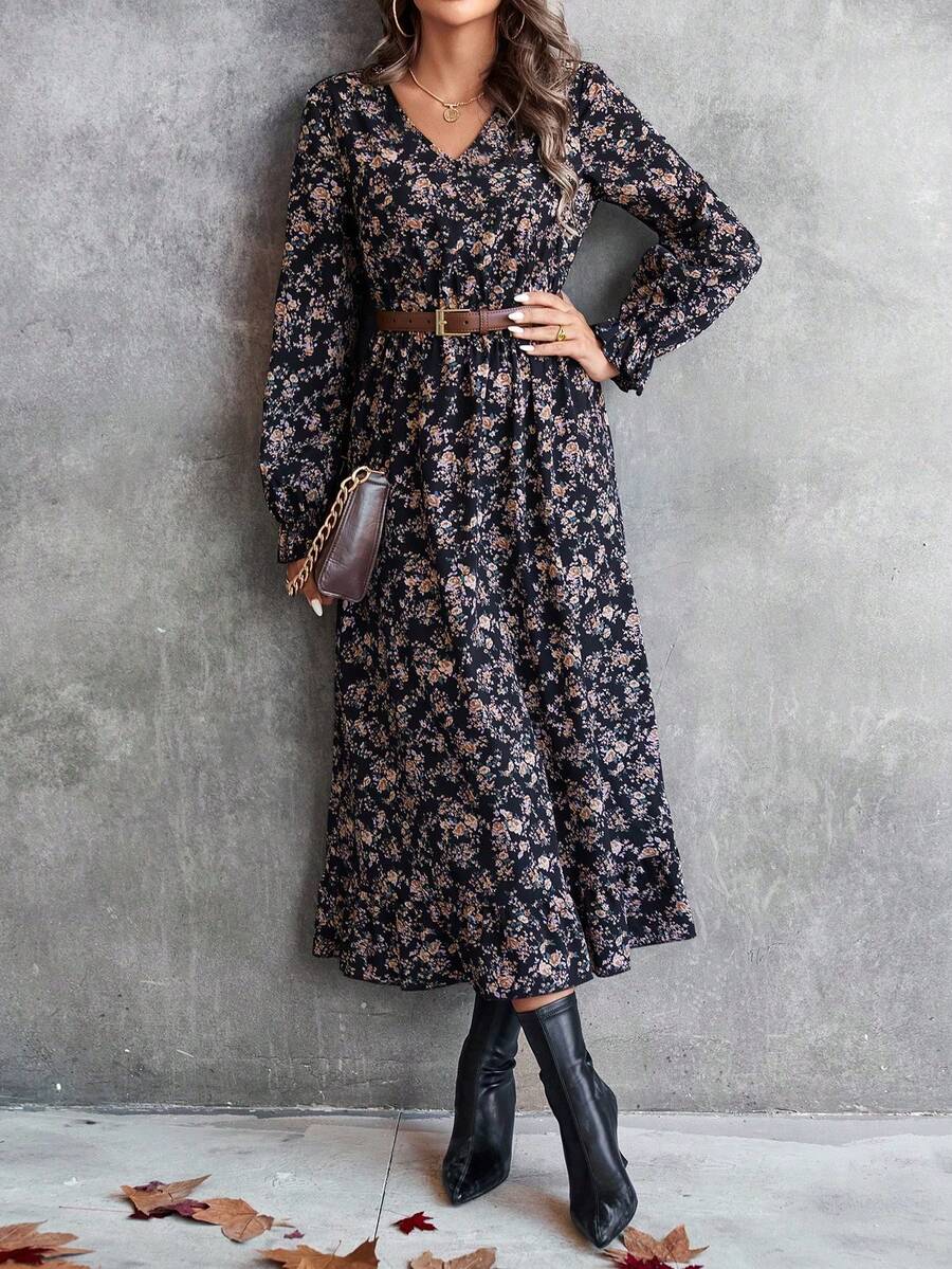 Floral Print Bohemian Ruffle/Ruffle Hem V-Neck Cinched Waist Plus Size ...