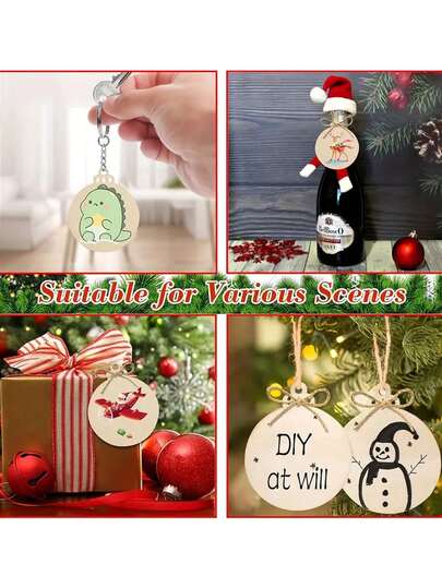 10pcs Wooden DIY Christmas Decorations, Unfinished Wooden Discs With Hemp Rope, Wooden Christmas Tree Pendants, Creative Home Hand-Painted Decorations, Christmas Element DIY Painting Wood Slices, Suitable For Christmas Tree Decorations, Wedding Parties, Birthdays, Festivals, New Year's Day, Handmade Gifts, DIY And Home Decoration