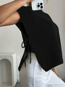 Women's Elegant Sleeveless Knit Vest With Side Tie, Lightweight Breathable Casual Vacation Sweater Vest - Black - View 3