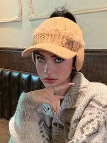 1pc Women's Solid Color Knitted Beanie Hat With Letter Design, Thermal Lined, Suitable For Outdoor Activities, Casual Wear