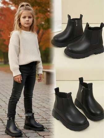 1双经典黑色复古儿童靴，英伦风中帮童靴，松紧带装饰，优质柔软PU皮革，舒适内里，厚实柔软鞋底，侧拉链设计，适合男孩女孩学生日常、外出、聚会、度假穿着，秋冬新款。