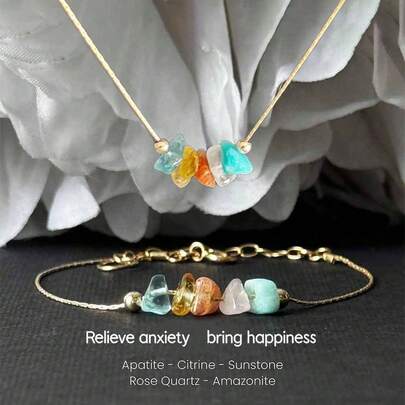 Relieve Anxiety And Bring Happiness. Natural Stone Crystal Jewelry Set, Made Of Apatite-Citrine - Sunstone RoseQuartz-Amazonite, Symbolizes Good Luck. [Natural Stone Color And Shape Are Random]