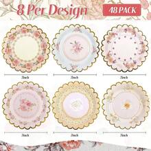 48 PCS Vintage Floral Paper Plates Inch, Scalloped Flower Tea Party Plates Disposable Cake Dessert Plate Birthday Bridal Shower Shower Wedding Party Decorations Floral - 花的 - 查看 3