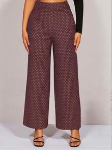 Pantalón de Pinzas Acampanado.  Pierna Amplia.  Talle Ajustado con Pinzas. - Lunares Burdeos - Ver 2