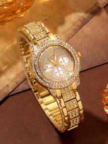 3件套时尚优雅多功能女士全镶钻钢带石英表套装，搭配镶钻手链，适合晚宴、节日、派对、婚礼和日常佩戴，也是返校、毕业、感恩节等场合的理想之选，是送给女性的最佳礼物。 - 金色 - 查看 4