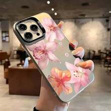 Lily Flower Print IMD Material Silvery Phone Case 16 E 15 14 13 12 11 Pro XS XR X 8 15 16 Plus Shockproof Cover