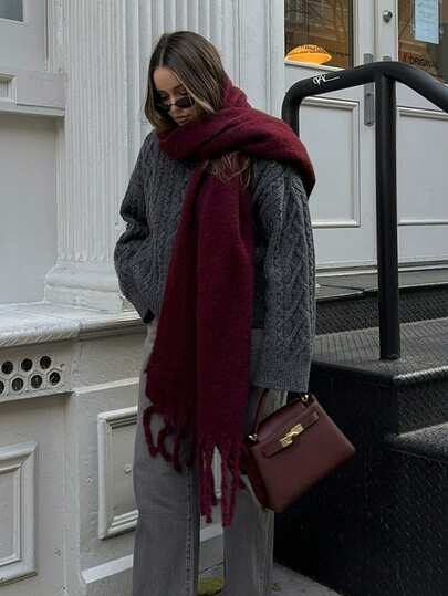 1 buc Eșarfă groasă cu ciucuri pufoase, culoare solidă, eșarfă caldă din lână pentru femei, șal la modă rezistent la frig pentru cupluri, eșarfă moale și confortabilă, potrivită pentru purtare zilnică în toamnă/iarna