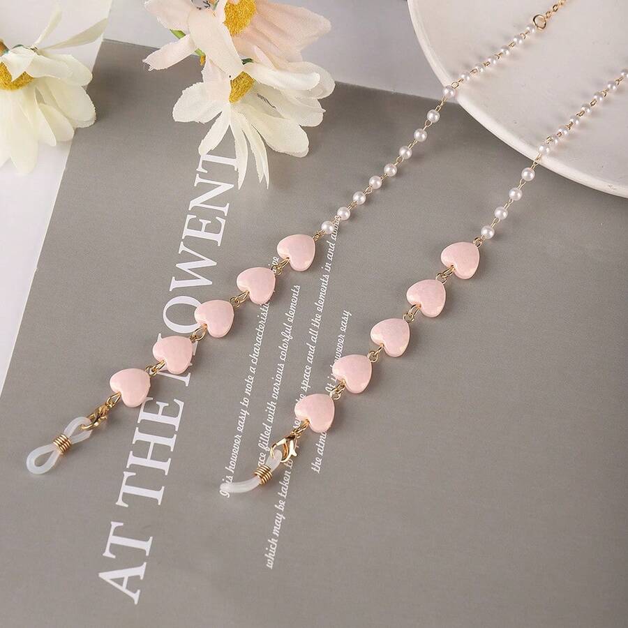 Fashionable Exquisite Colorful Heart-Shaped Glasses Chain Adjustable Glasses Chain Anti- Bead Chain Fashion Glasses Strap Glasses Fixing Band Suitable For Women Valentine's Day Thanksgiving Holiday Party Gift Exquisite Gift For Friends And Family - Hồng - Xem 1