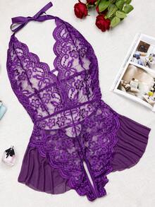 1pc Women's Sexy Lingerie, Purple Lace Mesh See-Through Crotchless Bodysuit