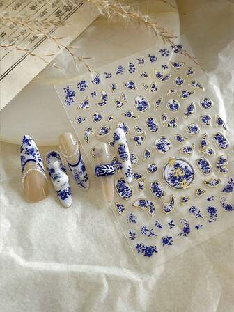 1 قطعة ملصق أظافر جديد بطراز صيني أزرق وأبيض - تصميم تنين ذو طابع قديم، مقاوم للماء وطويل الأمد ذاتي اللصق، مناسب للنساء، تصميم فني شرقي جمالي للأظافر