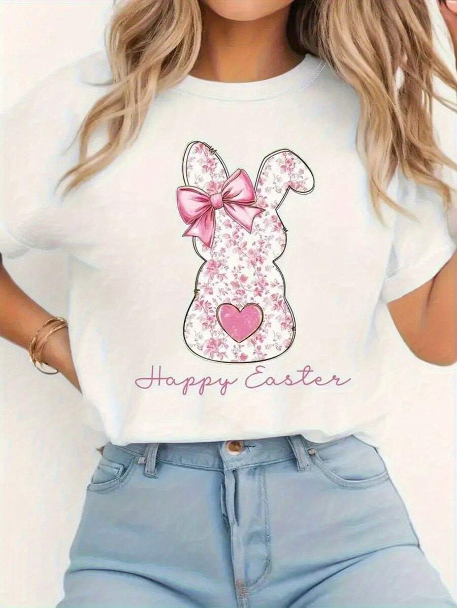 Women'S Easter Bunny Floral Print T-Shirt - Cute White Round Neck Top With Pink Accents, Happy Easter Lettering & Bunny Ears Design, Soft Breathable Fabric For Spring Summer Casual Wear, Easter Party Outfit - 白色 - 查看 1