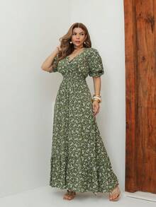 A&DD MODA, REF: 165 Women's Short-Sleeved Floral Dress With Pleated Elastic And A Ruffled Hem. Brazilian Ribbed Style, Ideal For Dances, Conferences, And Formal Events. The Dress Is Fitted To The Body And Made Of Smooth Fabric. - 墨綠色 - 查看 4