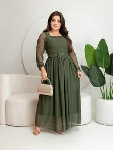 Long Tulle Dress, Plain Fabric, With Belt, Wedding, Holiday - 軍綠色 - 查看 1