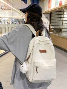 Minimalist Large Capacity Backpack For Women, Solid Color, Functional Corduroy Backpack With Letter Patch, Large Capacity, Lightweight And Portable, Perfect For Teens, Women, Students - Apricot - View 2
