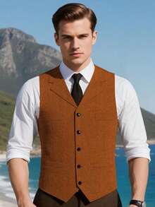 Mens Wool Tweed Vest Classic Herringbone Retro V Neck Suit Vests Sleeveless Jacket Herringbone Waistcoat Tuxedos For Prom - 橘色 - 查看 6