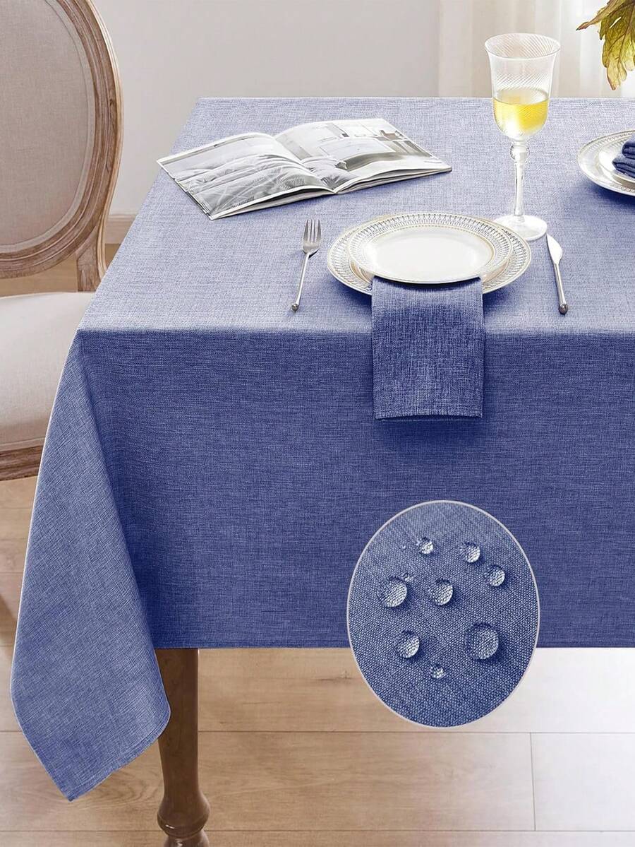 1pc Water-Resistant Stain-Resistant Thick Faux Linen Rectangular Multi-Size Tablecloth Cover, Solid Color Farmhouse Style Coarse Linen Tear-Resistant Durable Tablecloth, Suitable For Dining, Brunch, Farmhouse, Party, Buffet And Other Occasions - Baby Blue - View 1