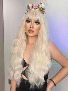 Platinum Blonde Long Wavy Wig With Bangs - 28 Inch Long Curly Synthetic Heat Resistant Wig Hair Perfect Daily Party Holiday Cosplay Use - Gold - View 3