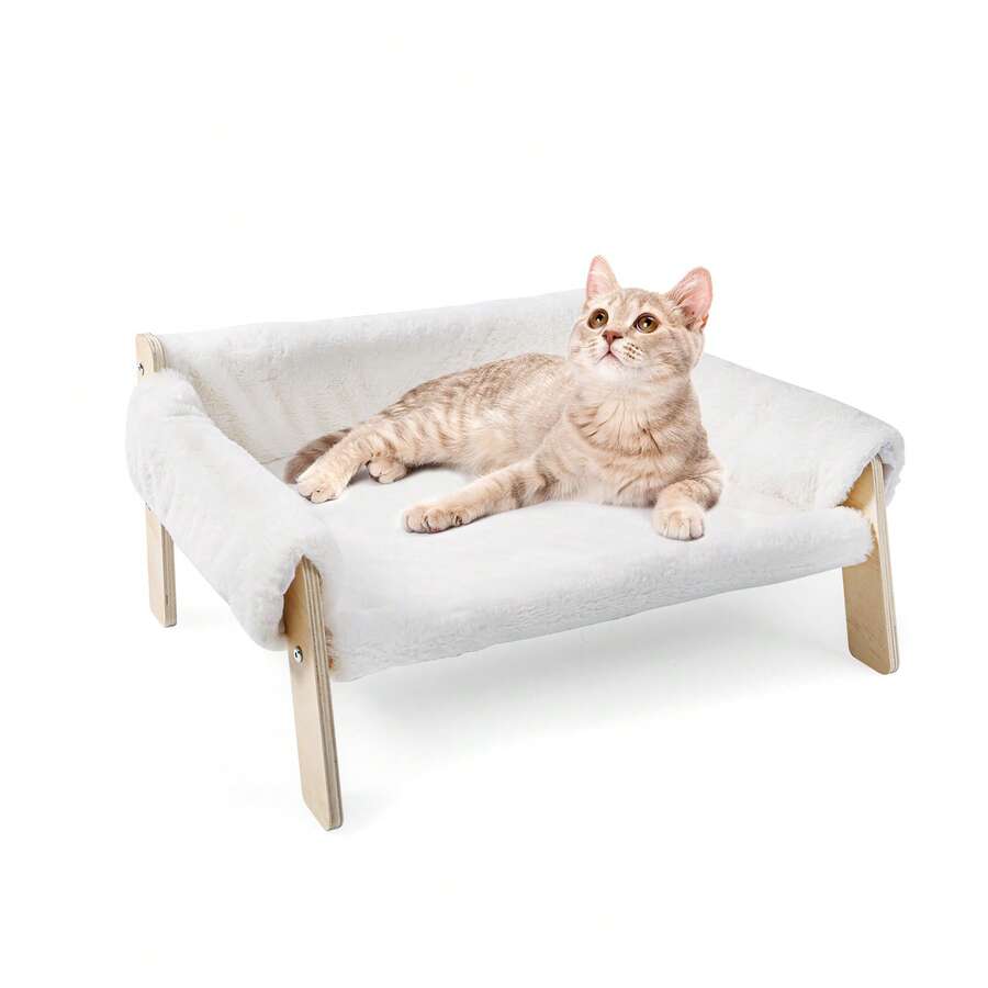 Yealeo 1 Piece Soft And Comfortable Raised Cat Bed Sofa Made Of Wood, Sturdy Large Cat Sofa - Fashionable Cat Chair With Removable Mattress Cover For Kittens, Anti-Anxiety Cat Bed - 白色 - 查看 1