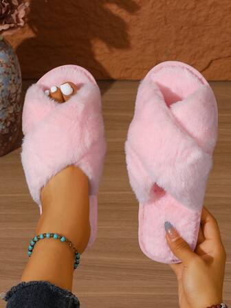 Fall/Winter Women's Cute Plush Criss-Cross Slippers, Solid Color, Casual, Lightweight, Non-Slip, Suitable For Bedroom, Indoor Use,Fluffy Slippers