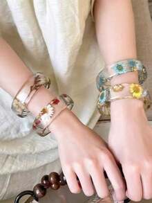 8 Colors Available Elegant Minimalist Resin Transparent Bracelet With Dried Flowers, Suitable For Daily, Street, Beach Travel Wear - Multicolor - View 11