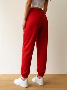 jogger mujer  pants deportivos dama conjunto deportivo gris  pantalón con puño en el tobillo ropa cómoda para gimnasio  outfit casual femenino  look deportivo urbano - rojo - Ver 2