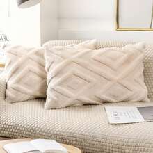 两件套人造毛皮奶油白色抱枕套 18x18，柔软格纹图案装饰波西米亚风抱枕套，适用于沙发床客厅农舍、现代风格、秋季装饰、秋季装饰、房间装饰 - 白色 - 查看 12