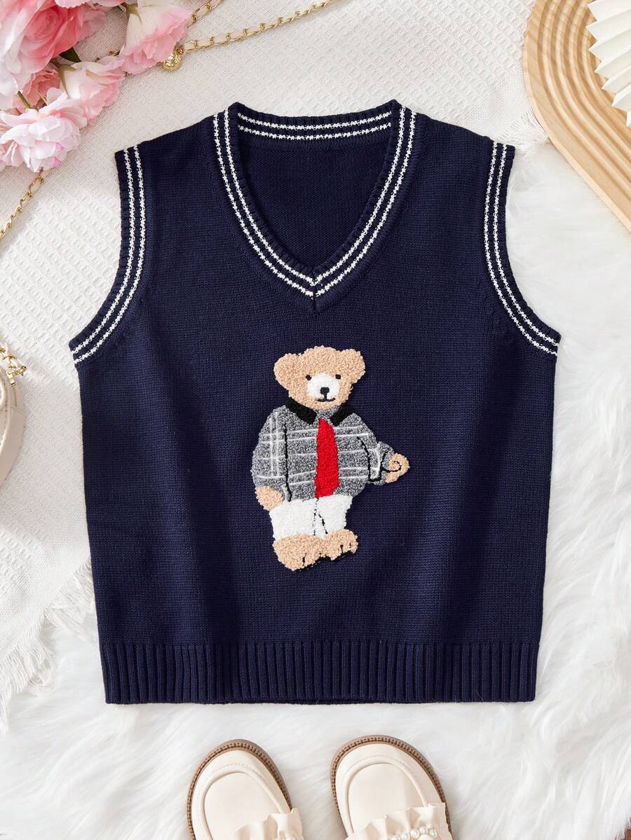 Boys' Casual Teddy Bear Embroidered V-Neck Sleeveless Knit Vest, Collegiate Style, Warm Pullover Sweater Vest For Kids, Autumn/Winter - Navy Blue - View 1