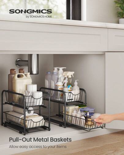 Set Of 2 Cupboard Organiser, 2-Tier Under Sink Storage Organiser With Sliding Basket Drawers, Stackable Cabinet Organiser For Kitchen, Bathroom