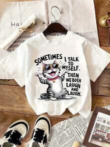 Camiseta de algodón blanca para mujeres con estampado de gato divertido y citas humorísticas - Corte holgado, cuello redondo, manga corta, top casual de verano, adecuada para uso diario y fiestas, camiseta para mujeres, tela transpirable, diseño sencillo - Blanco - Ver 1