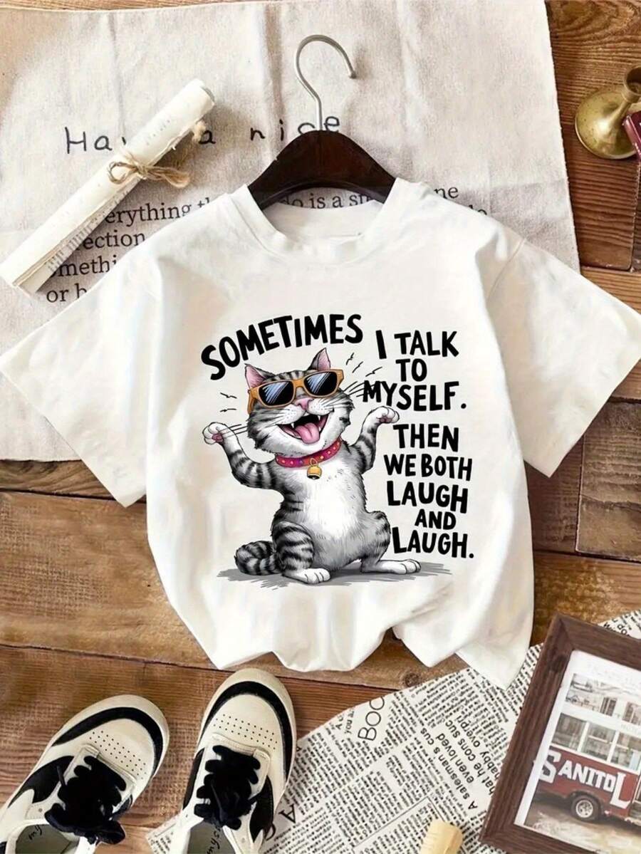 Camiseta de algodón blanca para mujeres con estampado de gato divertido y citas humorísticas - Corte holgado, cuello redondo, manga corta, top casual de verano, adecuada para uso diario y fiestas, camiseta para mujeres, tela transpirable, diseño sencillo - Blanco - Ver 1