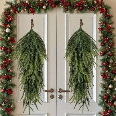 2pcs Realistic Green Norfolk Pine Needle Hanging Cluster - High-Density Plastic/Metal Christmas Wreath Decoration, Easy To Hang On Doors, Walls, Windows, Stairs - Indoor And Outdoor Holiday Decoration, Festive Atmosphere, Natural Appearance Leaves, Plastic Leaves, Strong Metal Wires, Party Planners, Home Decorators Christmas Decorations Room Decor
